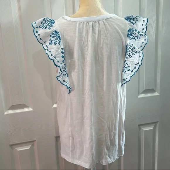 NWOT Loft Eyelet Flutter Henley White/Blue Mixed Media Top  size XL - Picture 4 of 6